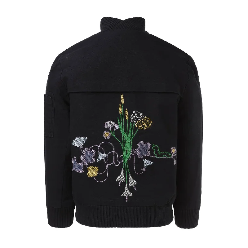 Black Bomber Jacket with Floral Emproidery Collared Jacket Crew Neck Jacket Turtle Neck Jacket