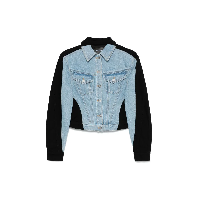 Bi-tone Denim Jacket (Tokyo Blue/Black) Notch Collar Peter Pan Collar Cowl Neck