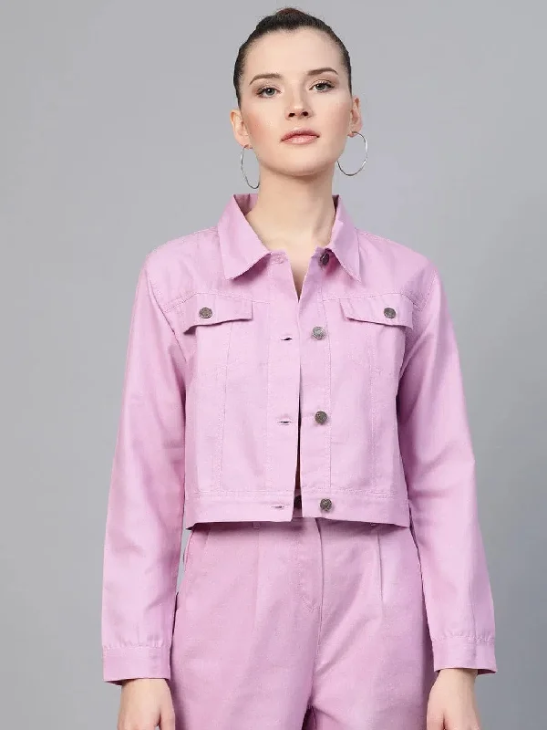 Women Solid Standard Purple Jacket Hoodie Zip-Up Jacket Button-Up Jacket