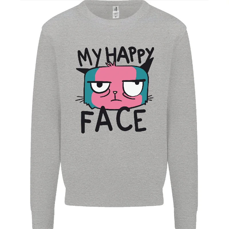 Cat My Happy Face Funny Grumpy Mens Sweatshirt Jumper Hoodie with Slit Hem Functional Movement