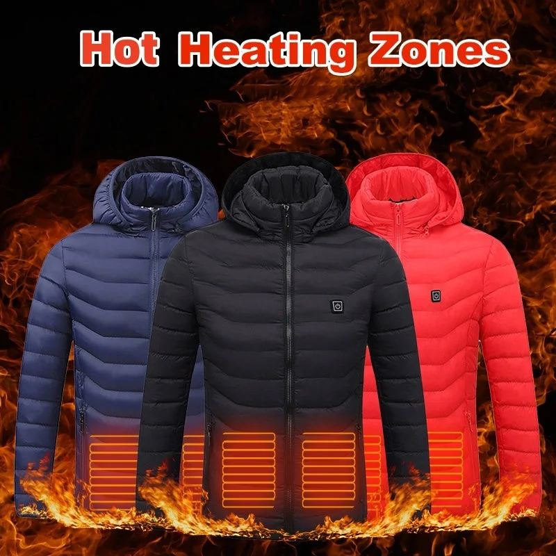 Men Heated Puffer Jacket Electric Heating Coat Insulated Hood Windbreaker 9Heat Zones Faux Fur Fabric Real Fur Fabric Shearling Fabric