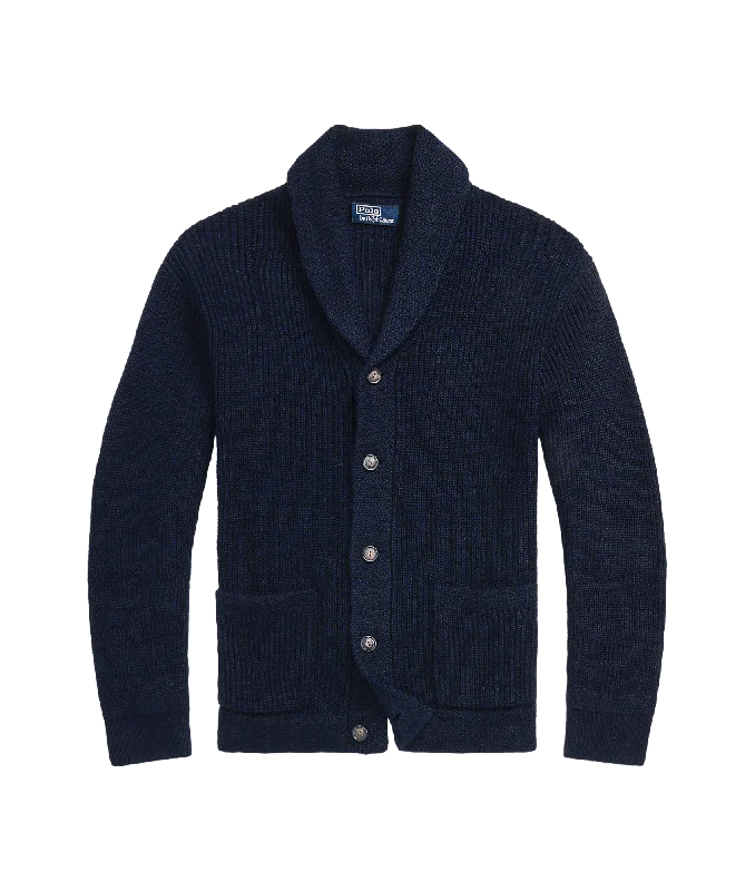 Distressed Linen-cotton Shawl Cardigan - Navy Stretchy Elastic Breathable