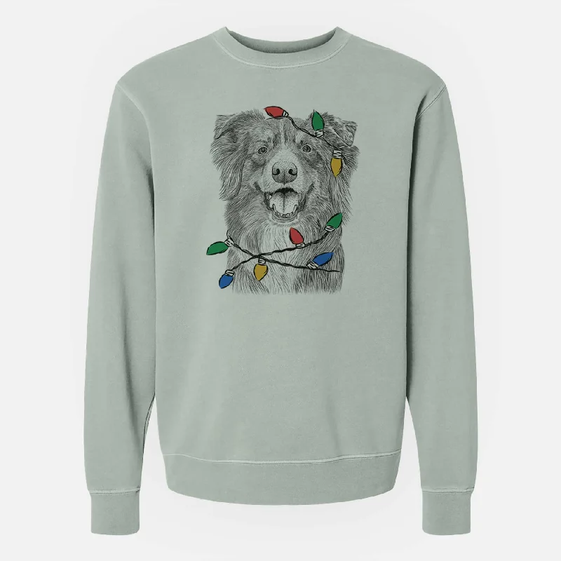 Christmas Lights Aussie Parker the Australian Shepherd - Unisex Pigment Dyed Crew Sweatshirt Hoodie with Hem Ribbing Snug Secure