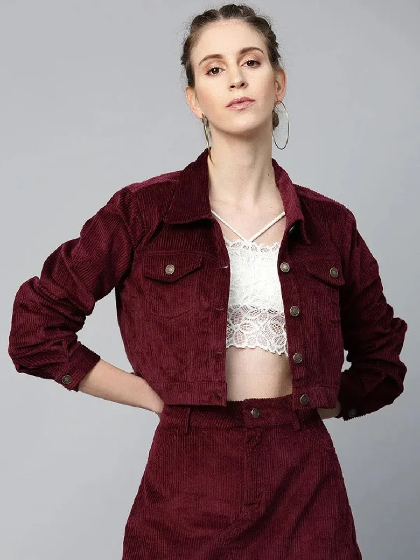 Women Solid Standard Burgundy Jacket Welt Pockets Slit Pockets Flap Pockets