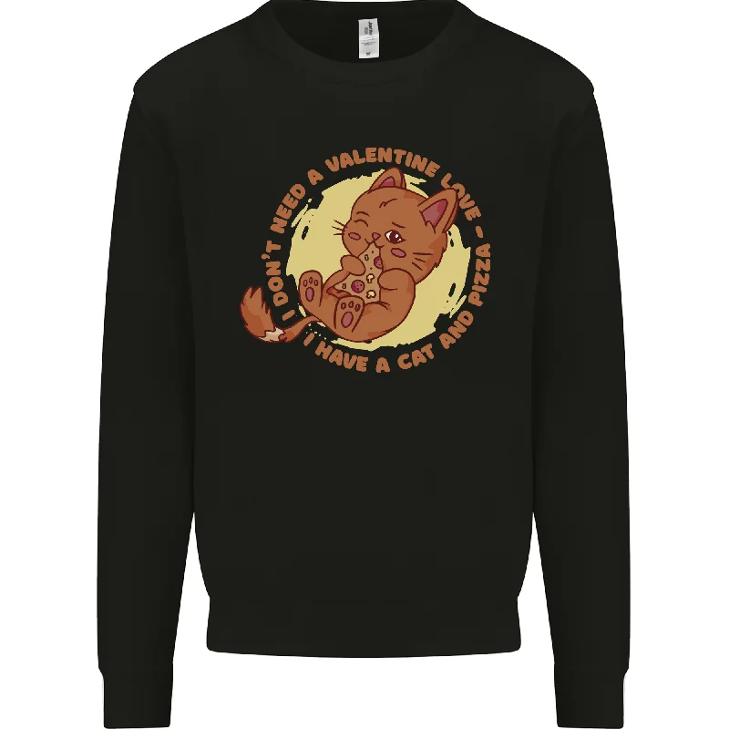 Cat & Pizza Anti Valentines Singles Day Mens Sweatshirt Jumper Hoodie with Zipper Placket Modern Functional
