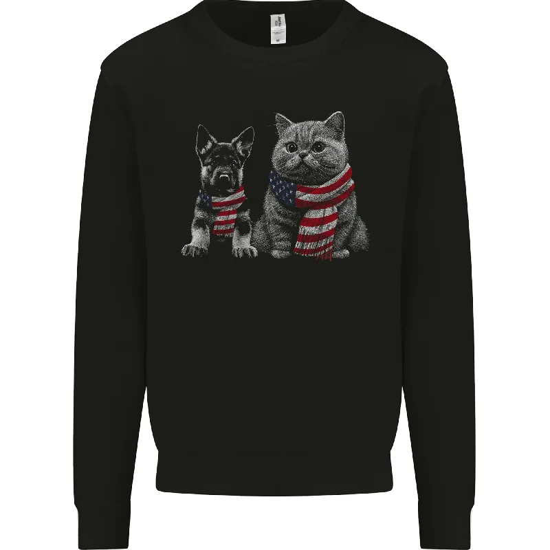 Cat and German Shepherd in USA Scarf Alsatian Dog Mens Sweatshirt Jumper Hoodie with Elastic Waist Stretchable Comfortable