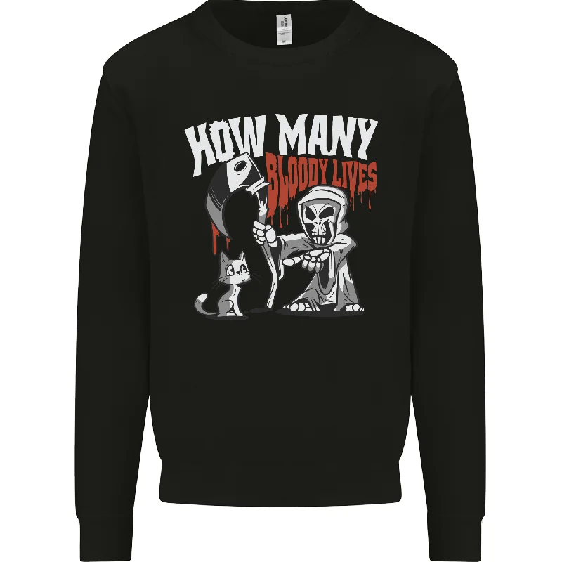 Cat Grim Reaper and 9 Bloody Lives Funny Mens Sweatshirt Jumper Hoodie with Fur Luxurious Winter