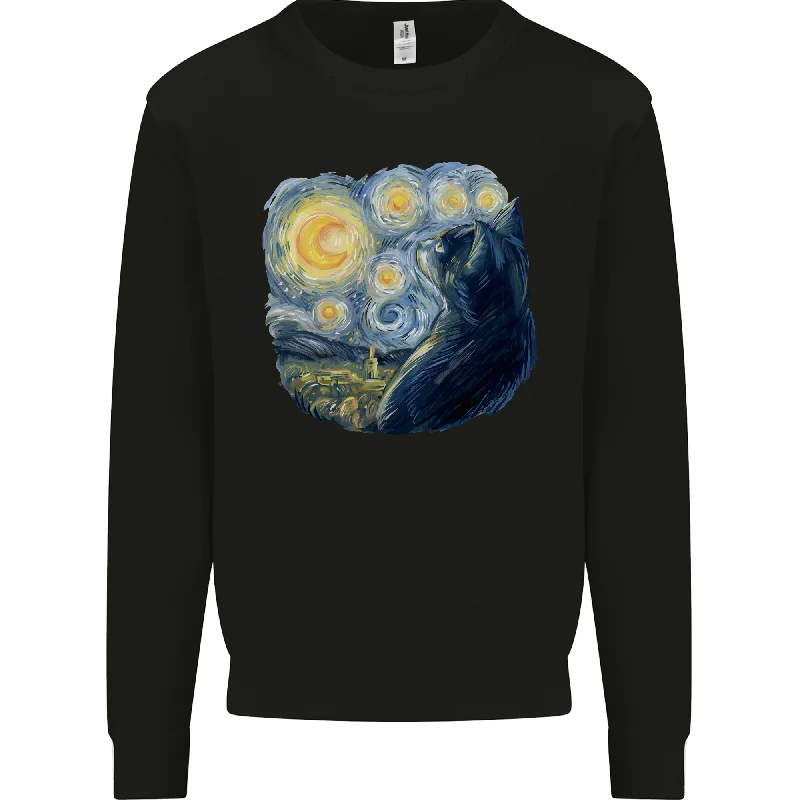 Cat Vangogh Funny Feline Painting Mens Sweatshirt Jumper Hoodie with Embroidery Detailed Premium