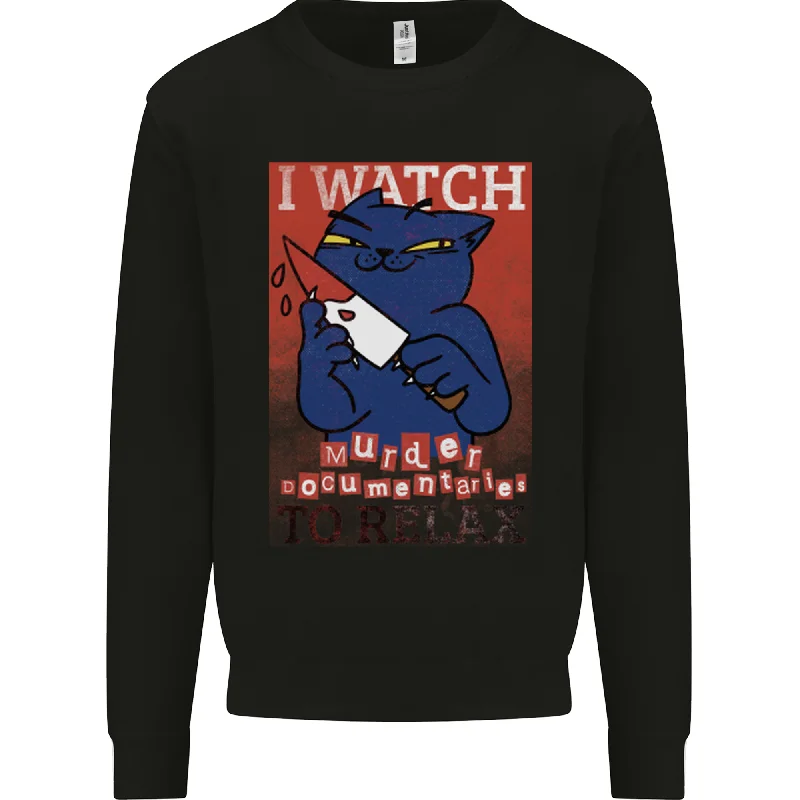 Cat I Watch Murder Documentaries to Relax Mens Sweatshirt Jumper Hoodie with Bell Sleeves Flared Feminine