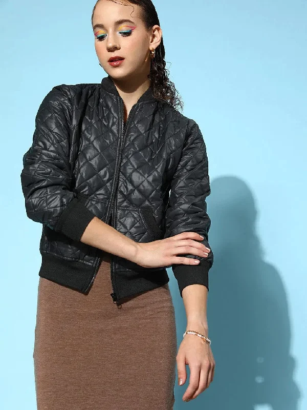 Women Solid Standard Black Jacket Bomber Jacket Anorak Windbreaker