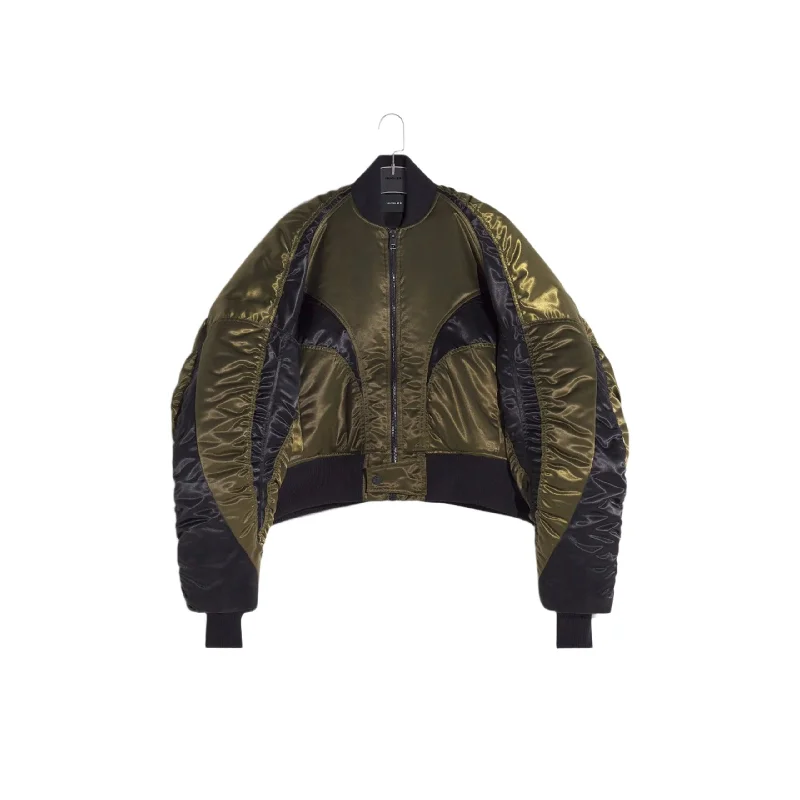 Satin Bomber Jacket (Military/Black) Snapped Jacket Toggled Jacket Drawstring Jacket