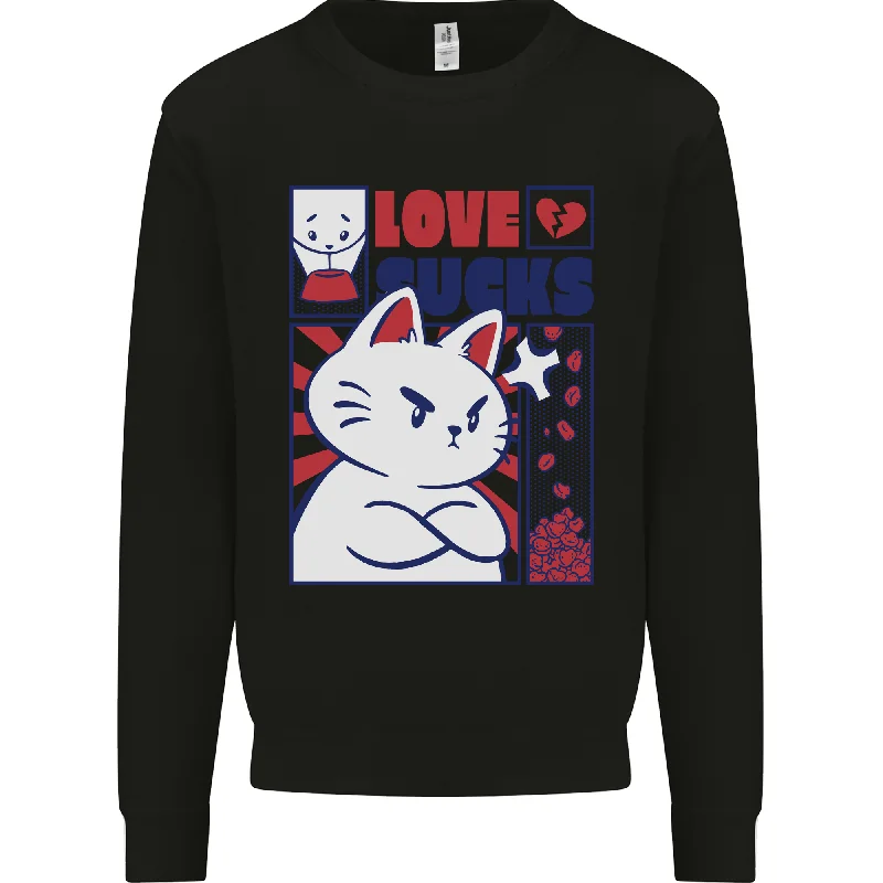 Cat Love Sucks Anti Valentines Singles Day Mens Sweatshirt Jumper Hoodie with Snap Buttons Easy Quick