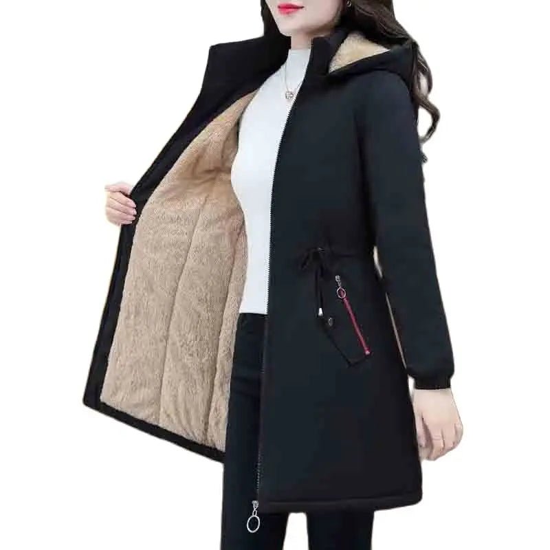 Women's Hooded Thick Cotton Parka Winter Loose Casual Coat Large Size Warm Long Jacket with Pockets Ribbed Jacket Pleated Jacket Ruffled Jacket