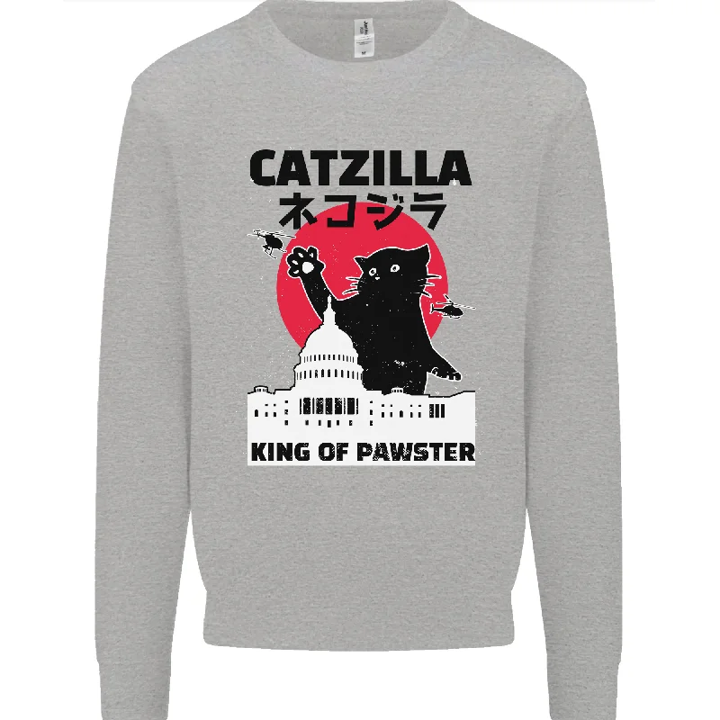 Catzilla Funny Cat Parody Mens Sweatshirt Jumper Hoodie with Rhinestones Sparkly Elegant