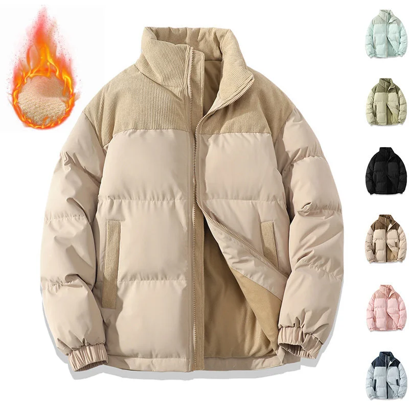 Winter Stand Collar Contrast-colored Coat Cotton Padded Jacket For Men Women Clothing Welt Pockets Slit Pockets Flap Pockets