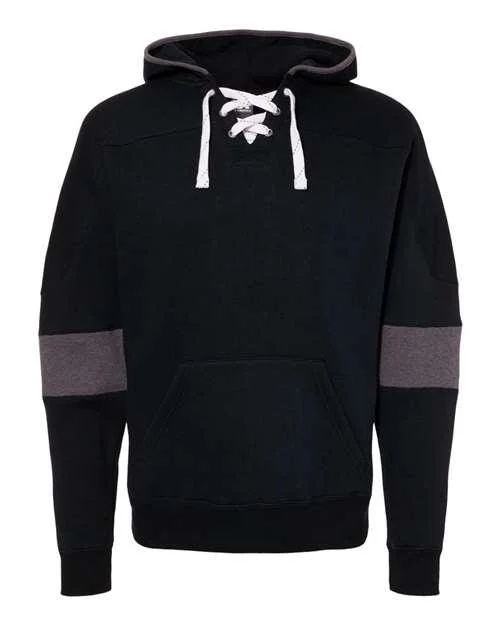 J. America Sport Lace Colorblocked Fleece Hooded Sweatshirt 8832 Hoodie with Hem Raw Edge Edgy Unfinished