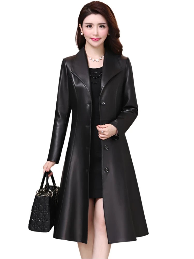 Elegant Nerazzurri Women's Faux Leather Jacket Long Black Soft Slim Fit Long Sleeve Button-Up for Spring and Autumn Wool Jacket Cashmere Jacket Tweed Jacket