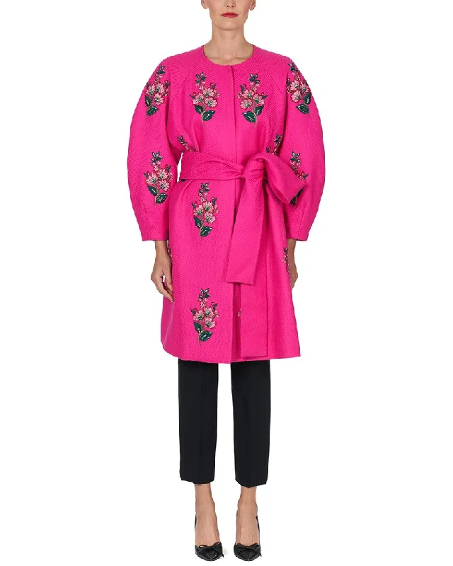 Carolina Herrera Embellished Collarless Silk-Trim Wool A-Line Coat Pockets Sleeves Lining Carolina Herrera Embellished Collarless Silk-Trim Wool A-Line Coat Pockets Sleeves Lining