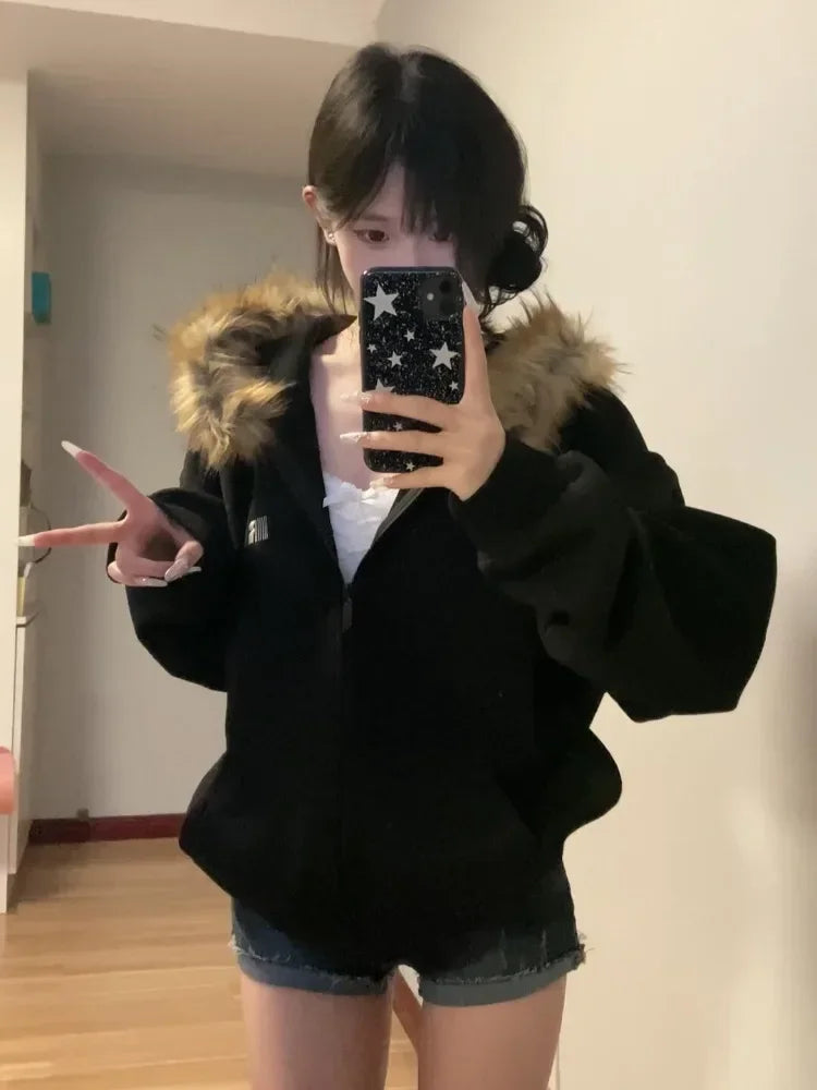 Advbridge Women Black Faux Fur Hoodies Vintage Korean Preppy Style Casual Zip Up Sweatshirt Harajuku Oversized Autumn Winter Coat Pleated Ruffled tiered