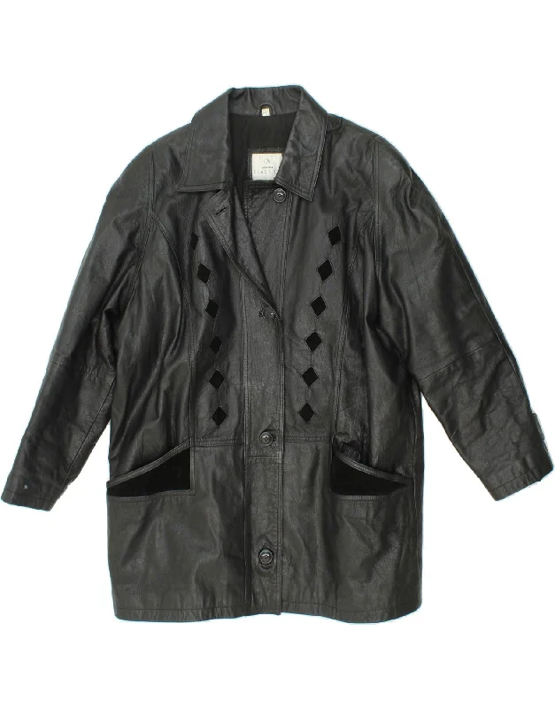 VINTAGE Womens Classic Leather Coat UK 20 2XL Black Argyle/Diamond Leather Denim Leather Suede