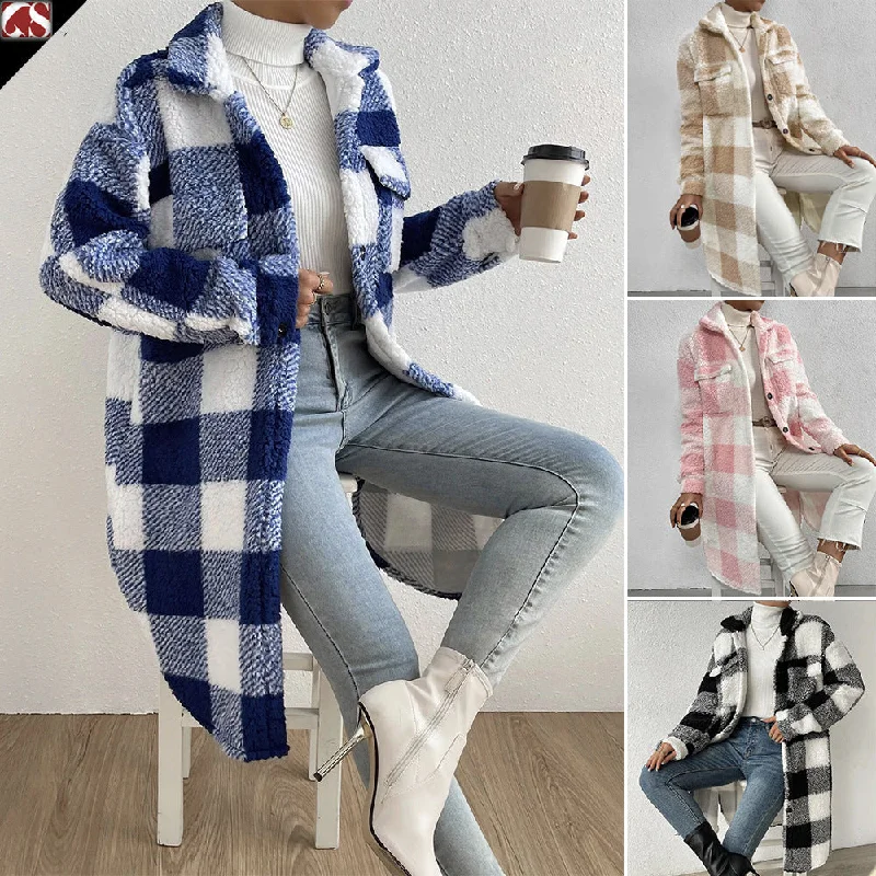 Button Lapel Plush Plaid Coat Loose Cotton Linen Terry