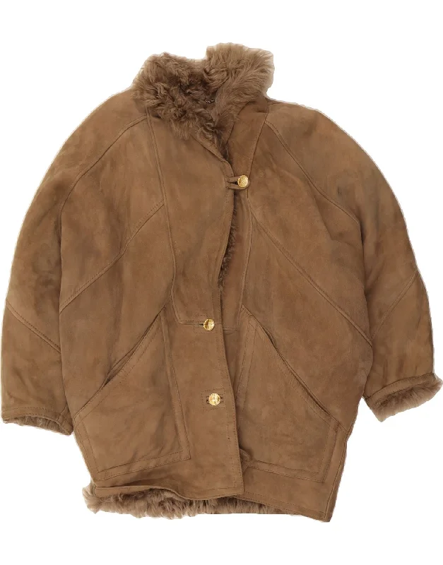 VINTAGE Womens Batwing Shearling Coat IT 44 Medium Brown Shearling Stole Shawl Scarf