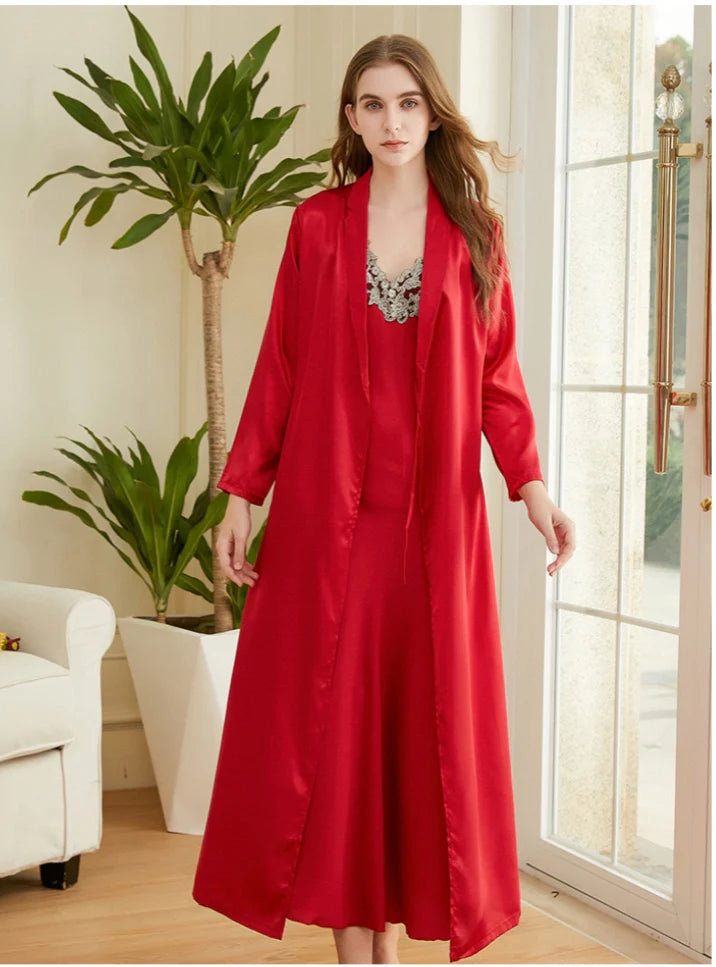SILK-LIKE SUSPENDER COAT PAJAMAS TWO-PIECE SUIT Trim Padded Insulated