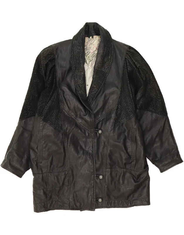 VINTAGE Womens Leather Coat UK 16 Large Black Animal Print Shawl Collar Notch Collar Lapel Collar