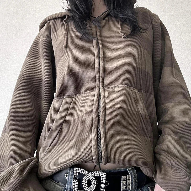 Advbridge Vintage Cottage Y2k Hooded Harajuku Women Clothes Preppy Striped Zip Up Sweatshirts Cyber Grunge Mall Goth Loose Fit Coats Welt Pockets Slit Pockets Flap Pockets