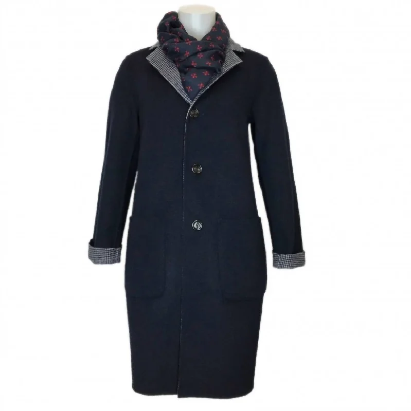 Women's Alima Reversible Wool Coat In Navy/plaid Herringbone Houndstooth Plaid