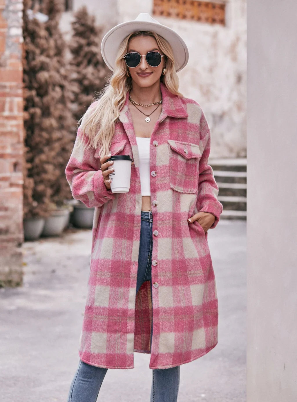 Autumn and Winter Long Plaid Pocket Coat Turtleneck Jacket Crew Neck Jacket V-Neck Jacket Autumn and Winter Long Plaid Pocket Coat Turtleneck Jacket Crew Neck Jacket V-Neck Jacket