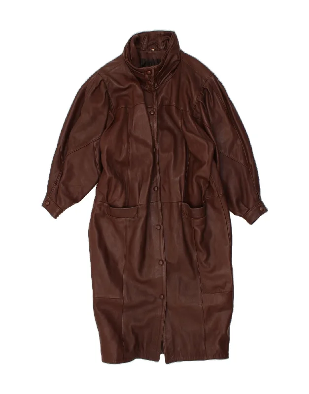 VINTAGE Womens Leather Coat UK 10 Small Brown Leather Appliqued Beaded Sequined