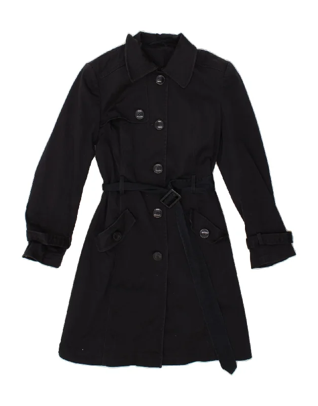 LAURA ASHLEY Womens Trench Coat UK 12 Medium Navy Blue Wool Cashmere Tweed