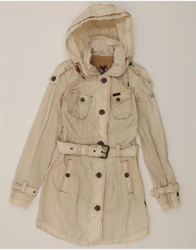 KHUJO Womens Hooded Trench Coat UK 10 Small Beige Polyester Square Neck One-Shoulder Off-the-Shoulder