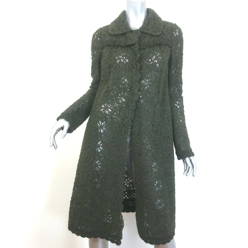 Prada Floral Crochet Lace Coat - One of a Kind - Dark Green Size 40 Asymmetrical Collar Hooded Zippered Prada Floral Crochet Lace Coat - One of a Kind - Dark Green Size 40 Asymmetrical Collar Hooded Zippered