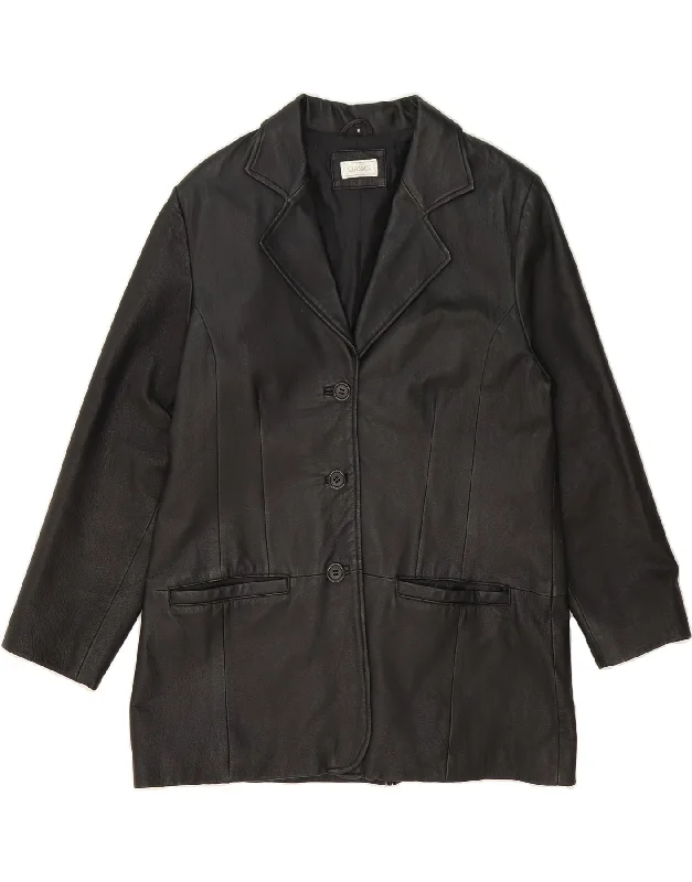 CLASSIC Womens Leather Coat UK 16 Large Black Leather Crew Neck V-Neck Boat Neck