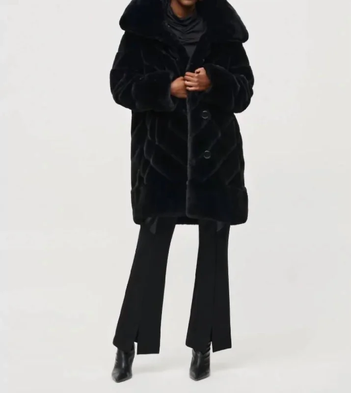Faux Fur Puff Coat In Black Hooded Jacket Zipper Jacket Button Jacket