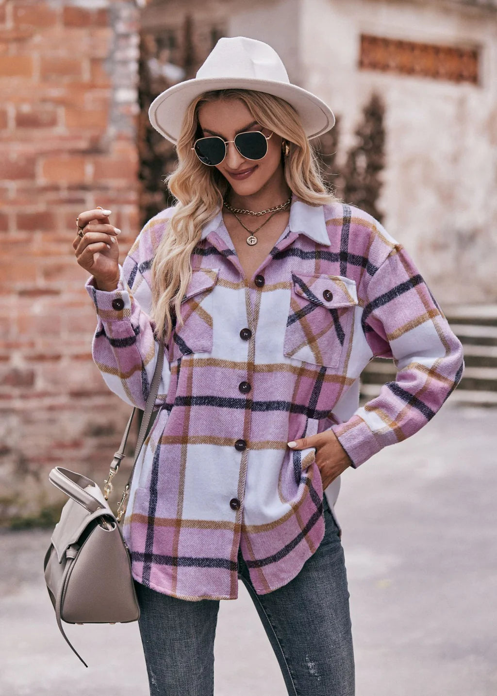 Autumn and Winter Casual Plaid Loose Pocket Coat Boat Neck Jacket Square Neck Jacket One-Shoulder Jacket Autumn and Winter Casual Plaid Loose Pocket Coat Boat Neck Jacket Square Neck Jacket One-Shoulder Jacket