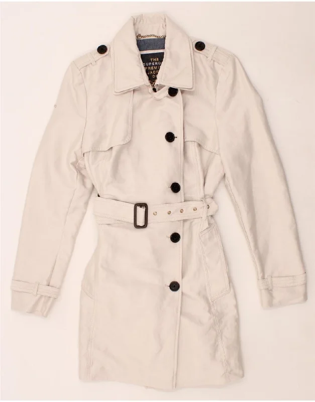 SUPERDRY Womens Trench Coat UK 16 Large Off White Cotton Jersey Tulle Batik