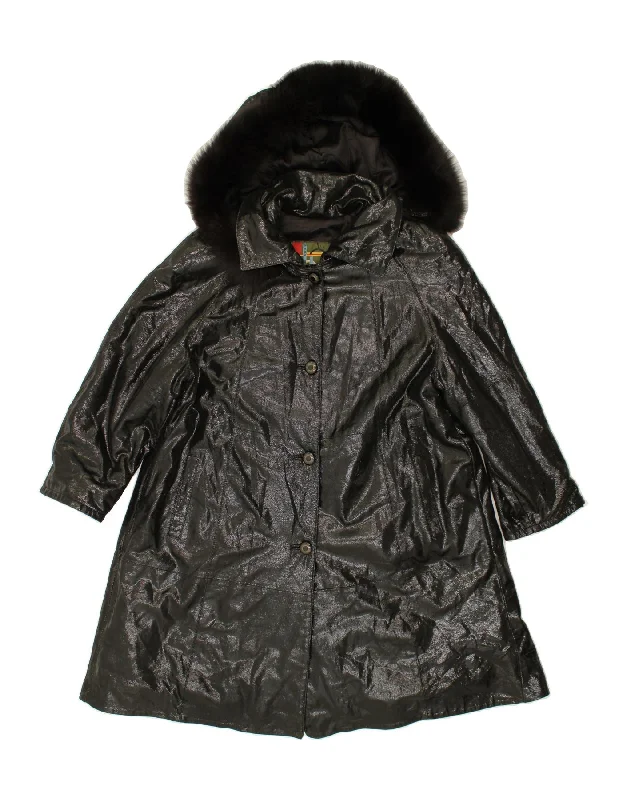 VINTAGE Womens Hooded Leather Coat IT 44 Medium Black Leather Sequined Lace Ribbed