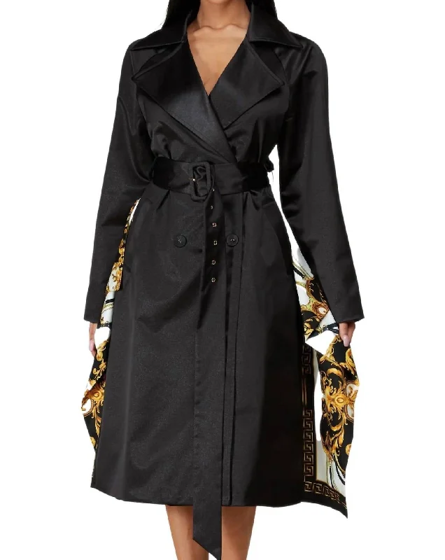 Under The Moonlight Trench Coat In Black/gold Baroque Tie-Waist Belted Drawstring