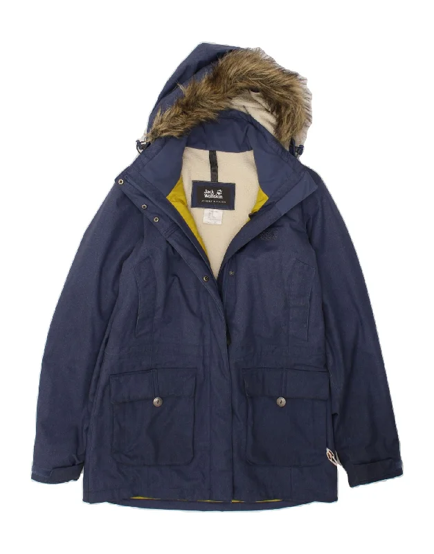 JACK WOLFSKIN Womens Hooded Windbreaker Coat UK 12/14 Medium Navy Blue Faux Fur Real Fur Shearling