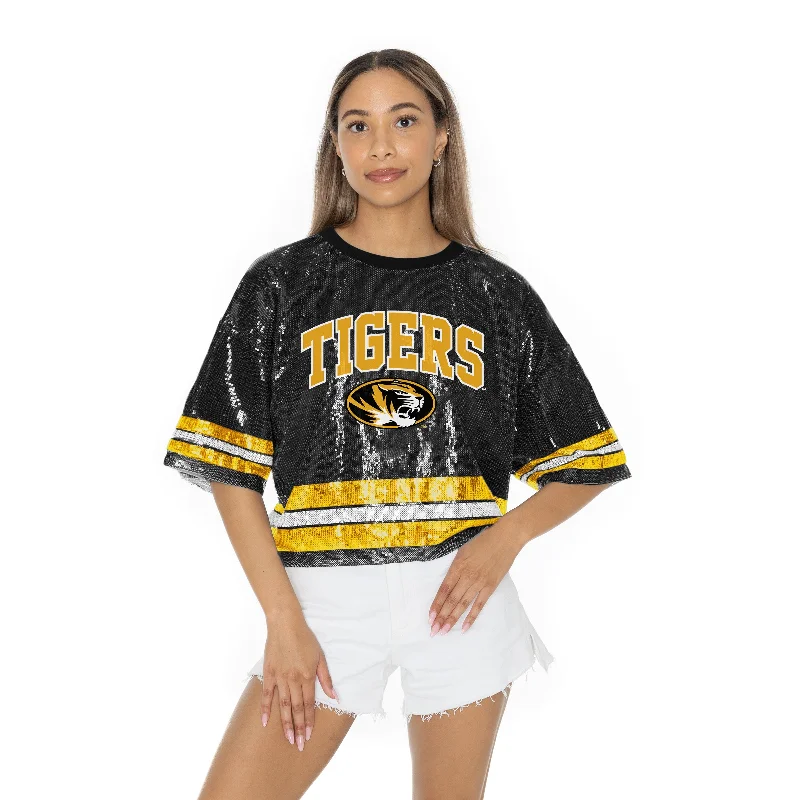 Mizzou Tigers Women's Gameday Couture Own the Game Sequin Tigers Oval Tiger Head Black Crop Jersey Autumn Jersey Shirt