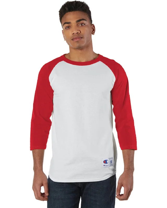 Champion Cotton Raglan Baseball Jersey | White/ Scarlet Cotton Jersey Tee