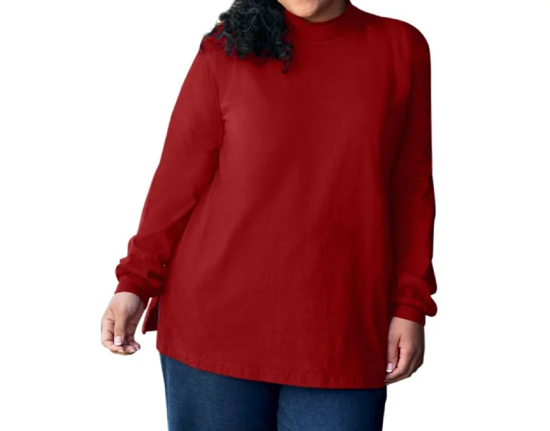 Cotton Jersey Mock Long Sleeve Top - Plus In Red Halter Neck Jersey Tee