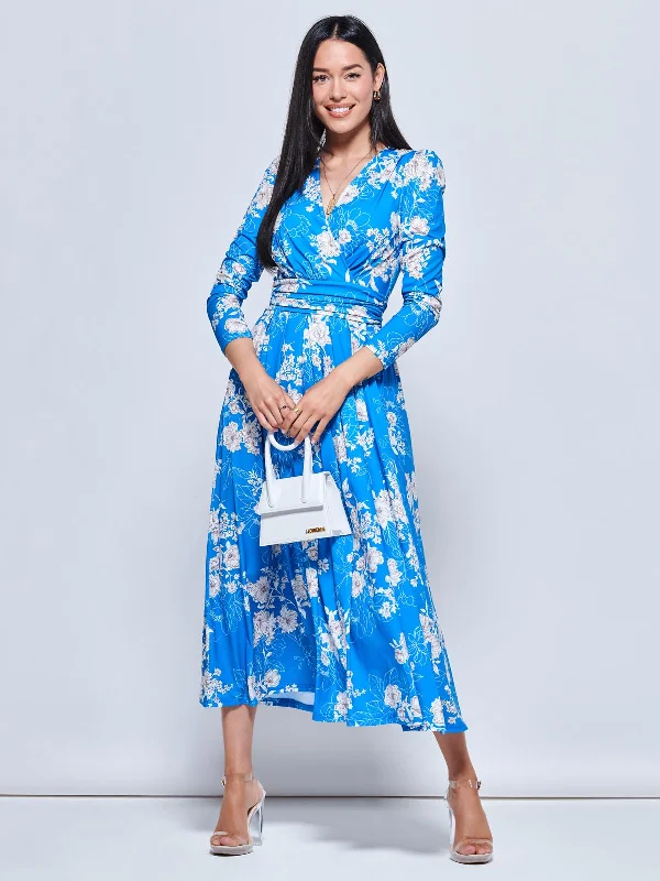 Devorah Printed Jersey Long Sleeve Maxi, Blue Floral Floral Jersey Blouse