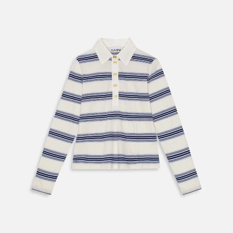 Ganni Thin Jersey Long Sleeve Polo - Multi Sky Blue Jersey Tee
