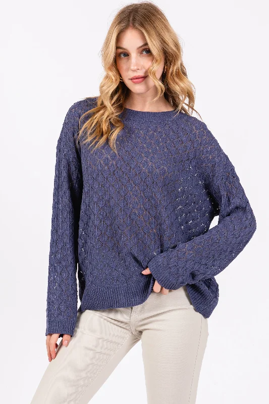 Navy Diamond Open Knit Top Warm Knit Tee