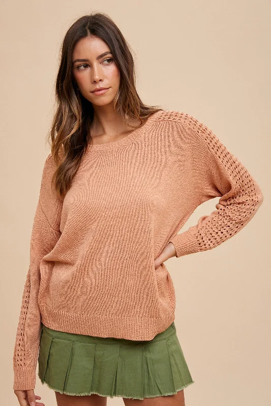 Peach Crochet Detail Sleeve Knit Top Cotton Knit Shirt