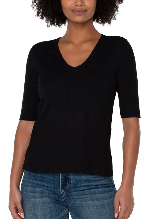 Liverpool Black 1/2 Sleeve VNeck Rib Knit Top Glamorous Knit Top